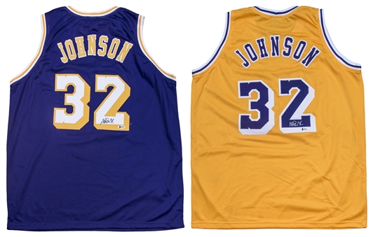 Lot of (2) Magic Johnson Signed Los Angeles Lakers Custom Jerseys (Beckett)